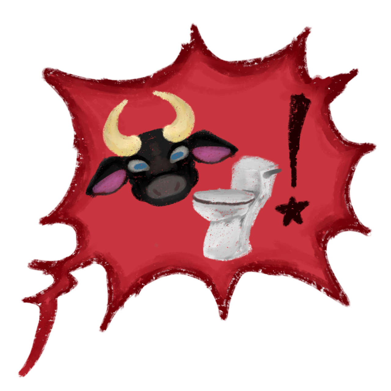 a bull's head with a white toilet and an exclamation point in a red speech bubble.